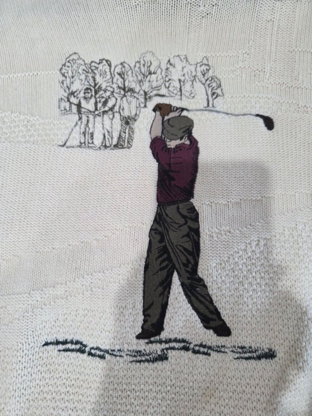 VTG Shenandoah Golf Sweater Mens Sz M Ivory Textured 3D Knit Embroidered 90s - Picture 2 of 11
